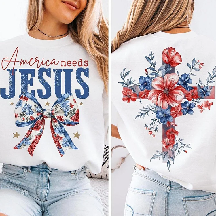America Needs Jesus Flower 2 Sided Shirt, Fourth Of July Merch, Gifts For 4th7, America Coquette Bow Hoodies For Women