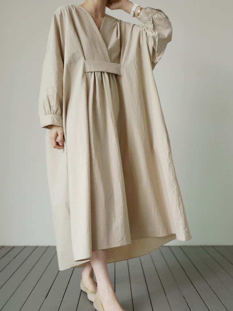 Women's Linen Loose V-Neck Long Dress wearshes