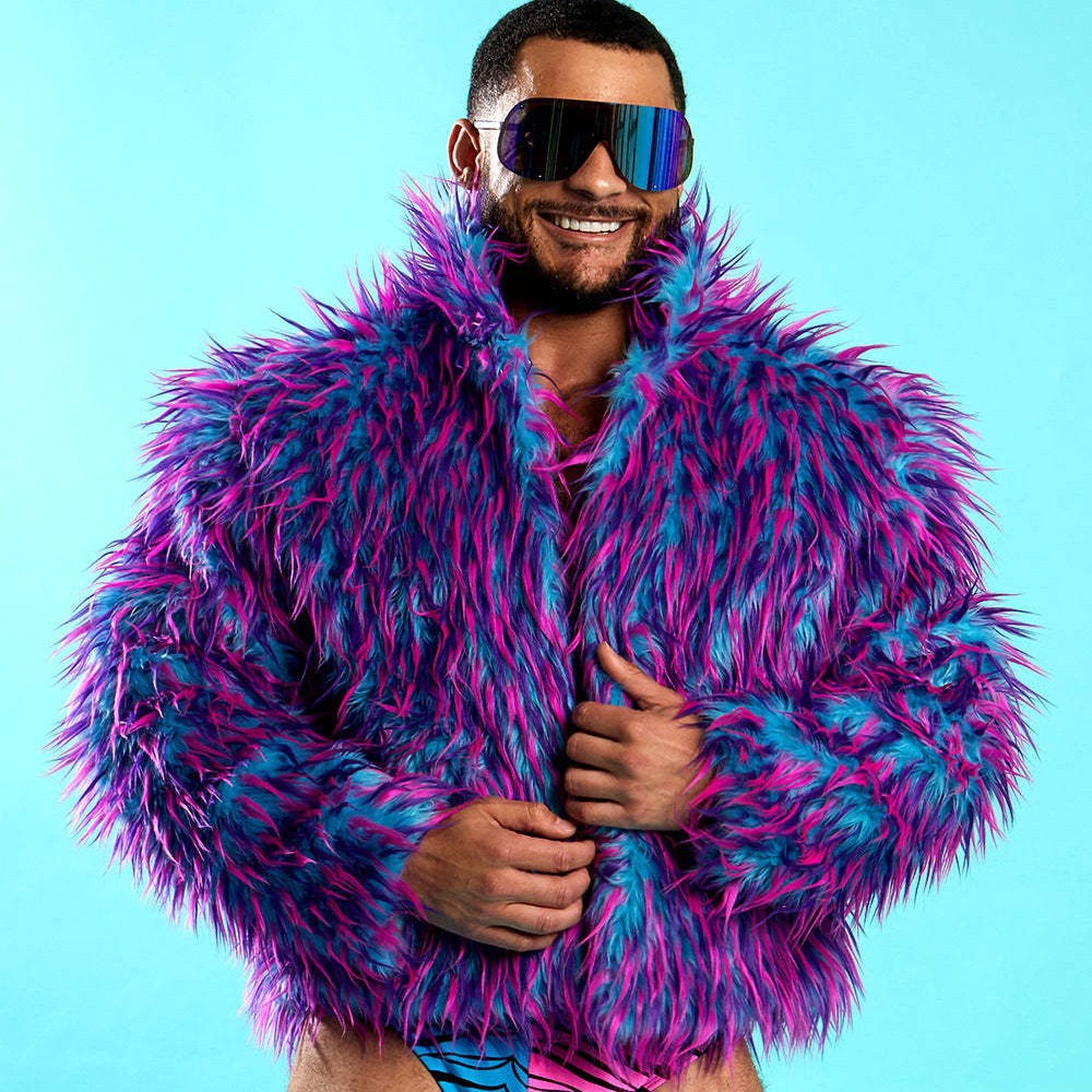Men's Stand Collar Autumn and Winter Colorful Monster Beach Wool Faux Fur Jacket