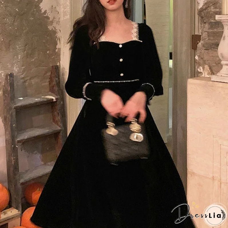 Back to College Winter Vintage Black Velvet Dress Women Casual Elegant Long Sleeve Gothic Party Midi Dress Female One-piece Dress Korean