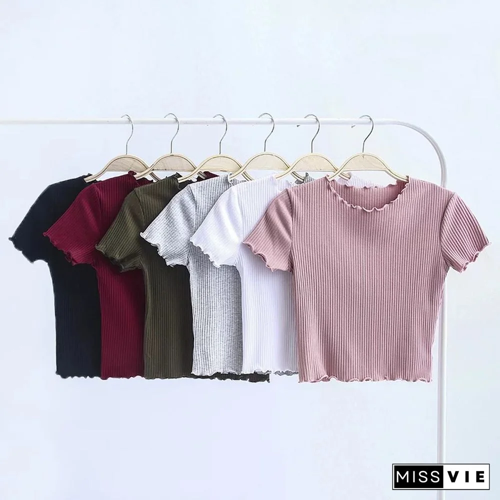 Vintage Wood Ears O Neck Short Sleeve T-shirt New Woman Slim Fit T Shirt Tight Tee Summer Retro Tops 6 Colors