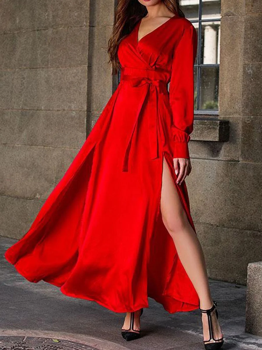V Neck Wrap Sashes Sexy Elegant Split Long Sleeve Dress