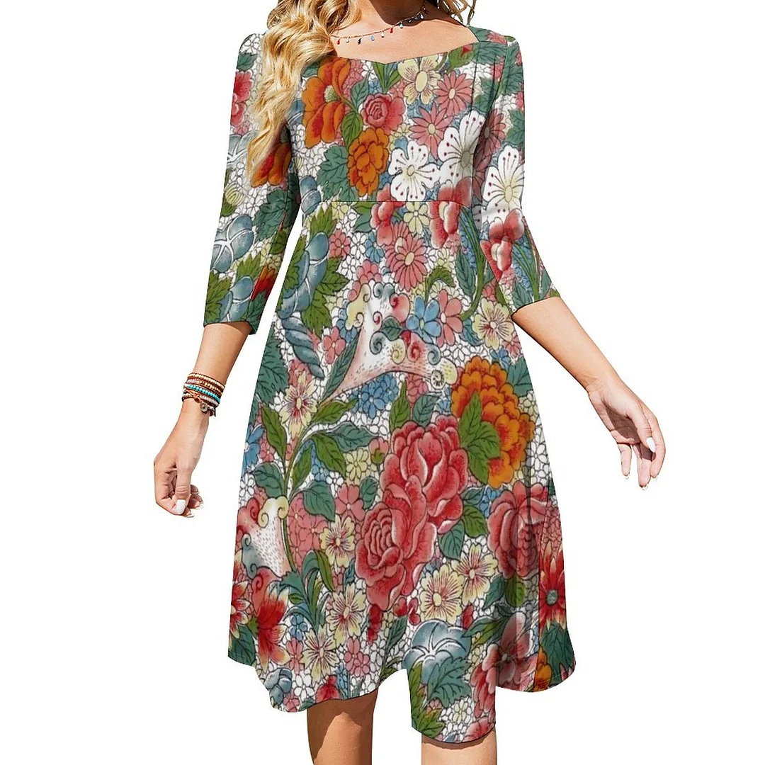 Colorful Vintage Chinoiserie Floral Dress Sweetheart Tie Back Flared 3/4 Sleeve Midi Dresses