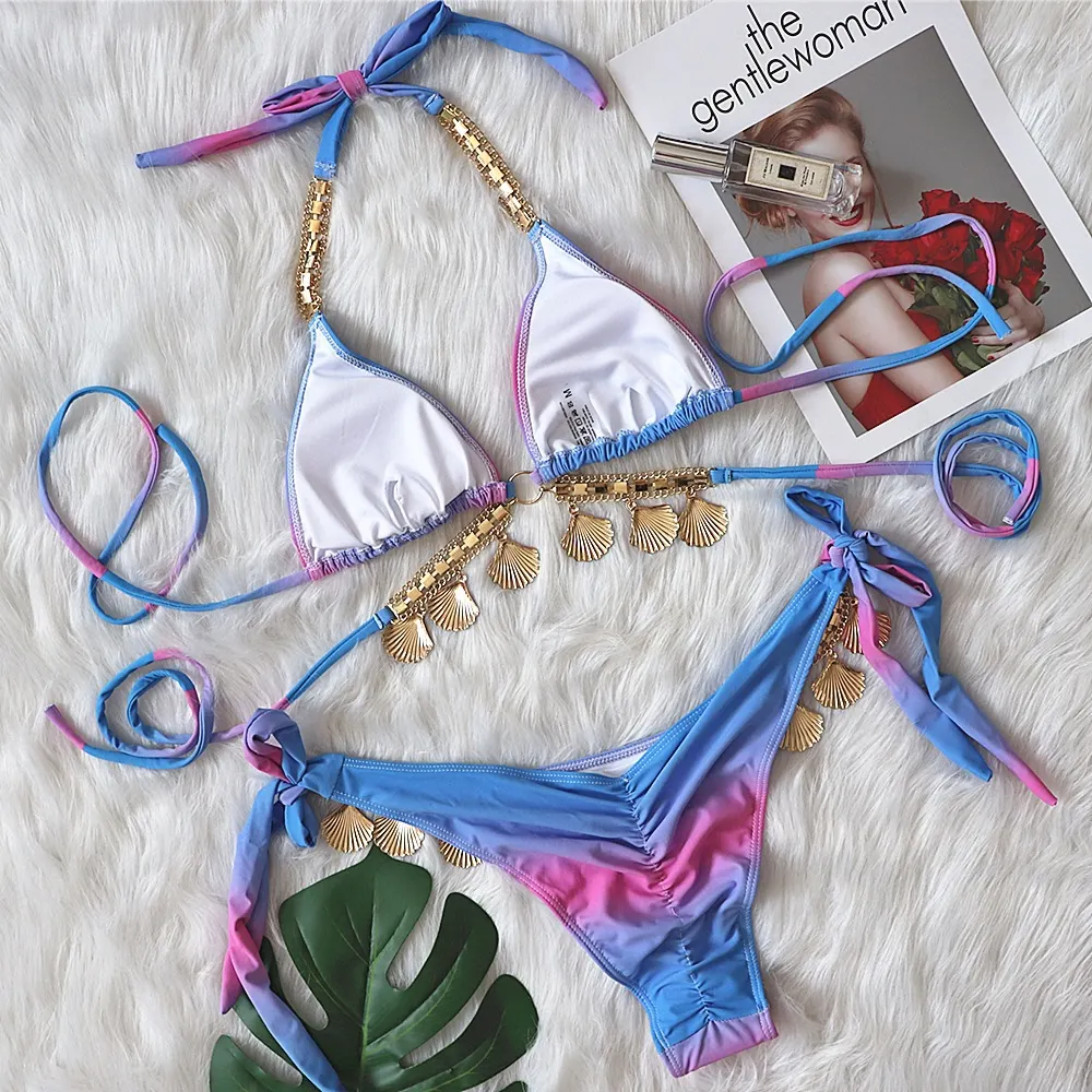 Uveng Uveng New Sexy Strap Gradient Print Women's Split Swimsuit Luxury Crystal Diamond Bikini Shell Swimsuit