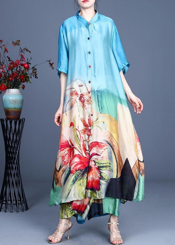 Bohemian Blue Print long Silk Two Pieces Set Summer