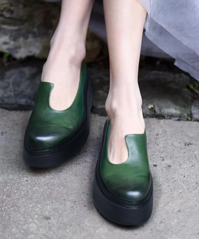 Women Splicing Platform Heels Blackish Green Cowhide Leather