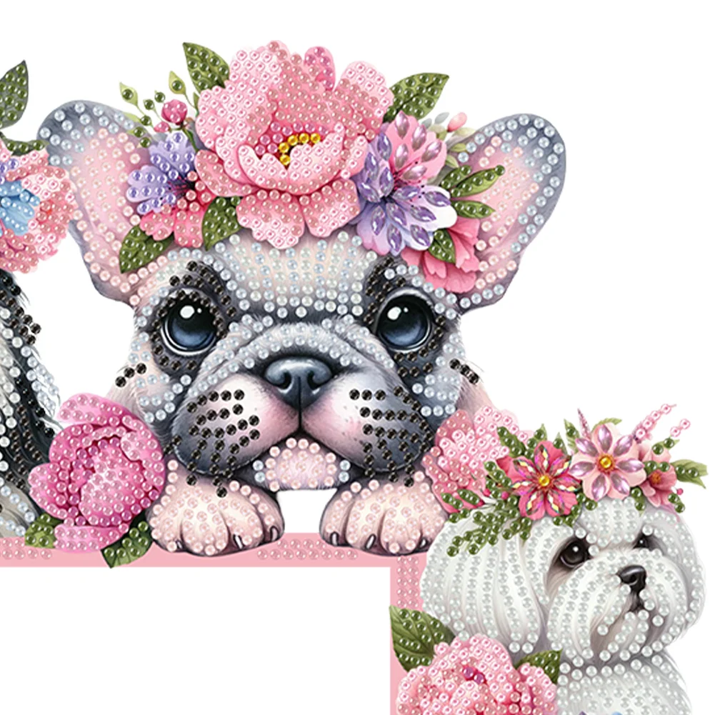 Dog Flowers 5D DIY Wooden Diamond Painting Door Topper for Party (Right)