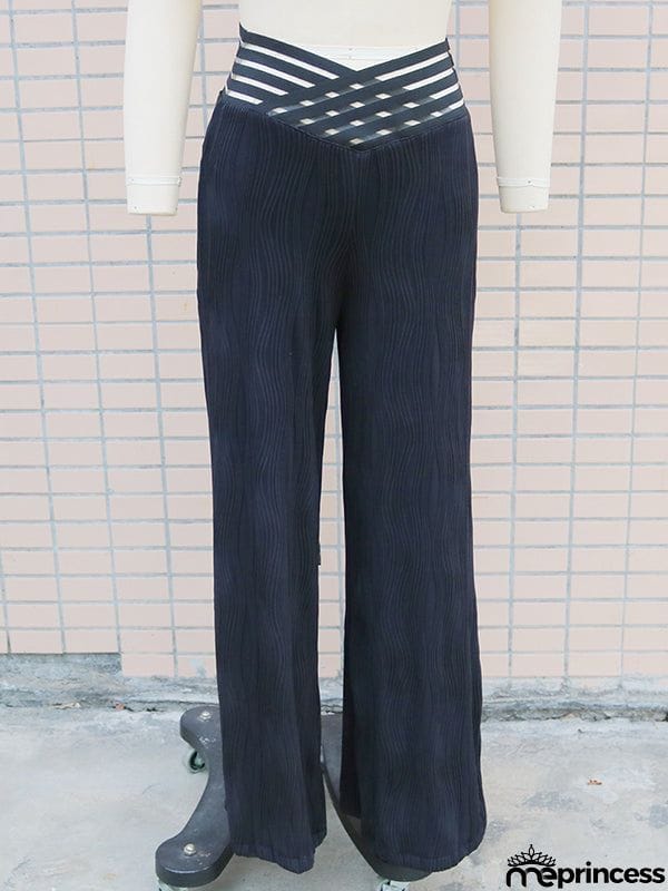 Loose Wide Leg Elasticity Hollow Pleated Solid Color Pants Trousers