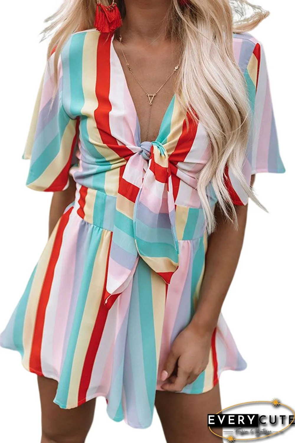 Multicolor Stripe Print Tie V Neck Flowy Romper