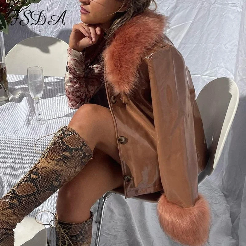 FSDA 2021 Black PU Leather Jacket Women Turn Down Faux Fur Autumn Winter Green Brown Long Sleeve Fashion Coat Cropped Casual