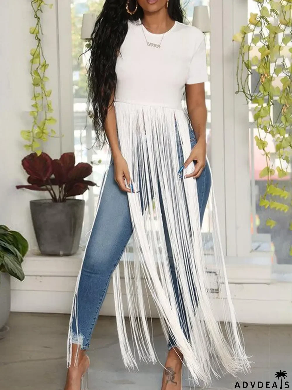 Summer White Short Sleeves Fringe Long Shirt