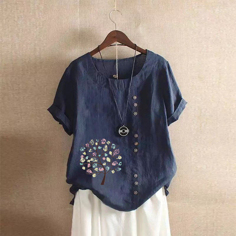 Northwnidgrp Round Neck Short Sleeved Pullover Shirt 2025 Women's Summer Retro Casual Loose Cotton Linen Pullover Large Blouses