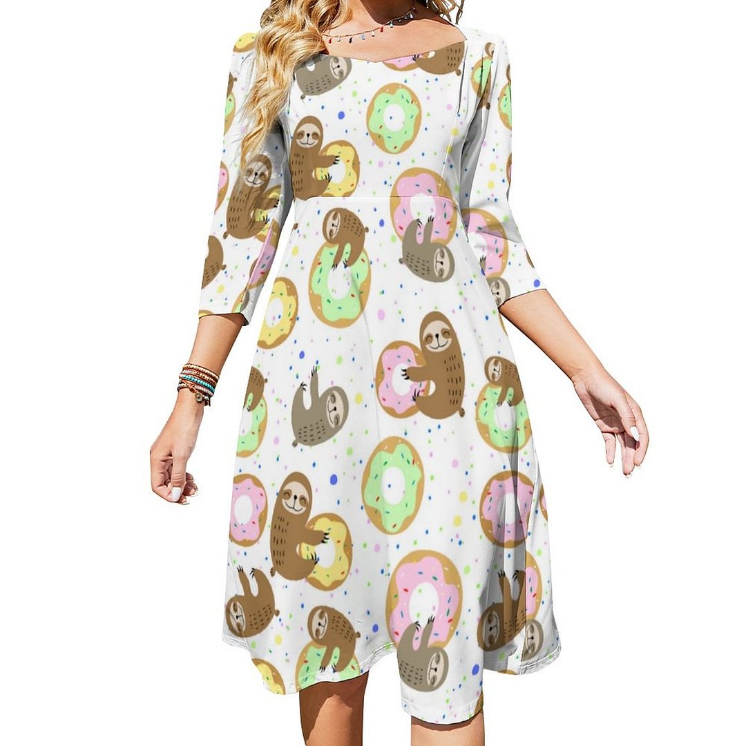 Cute Colorful Sprinkle Donuts Sloth Pattern Dress Sweetheart Tie Back Flared 3/4 Sleeve Midi Dresses