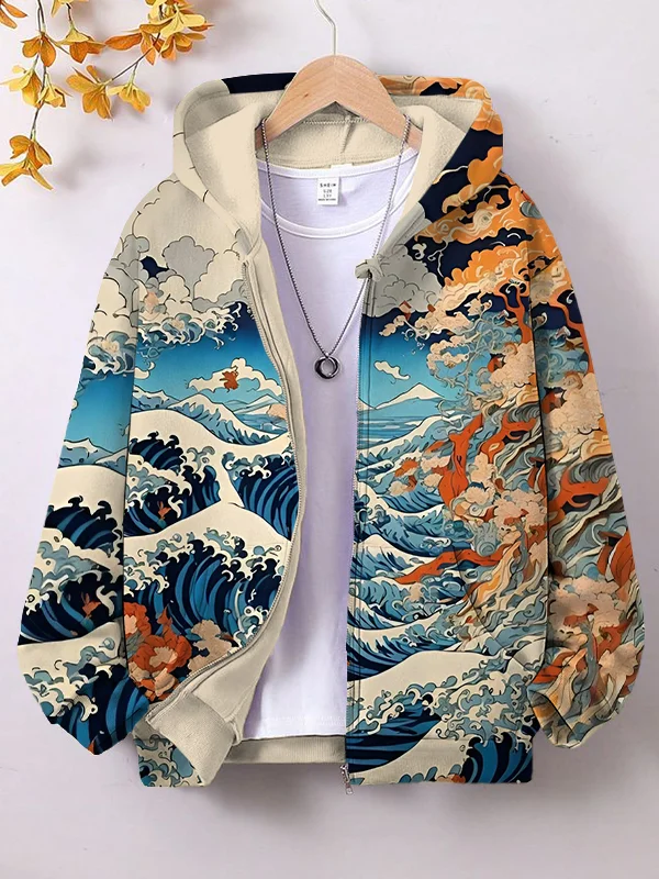Women's Great Waves Japanese Art Print Hooded Zip Up Jacket