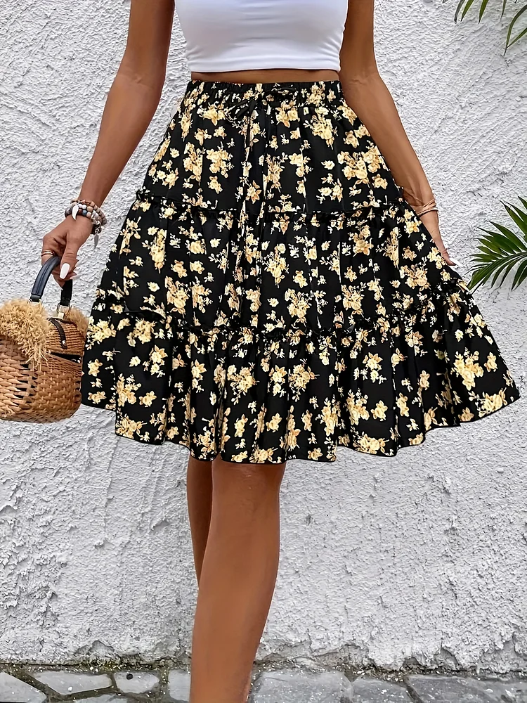 Vibrant Floral Women's Midi Skirt | Layered Design, Butterfly Print | Spring/Summer Fashion