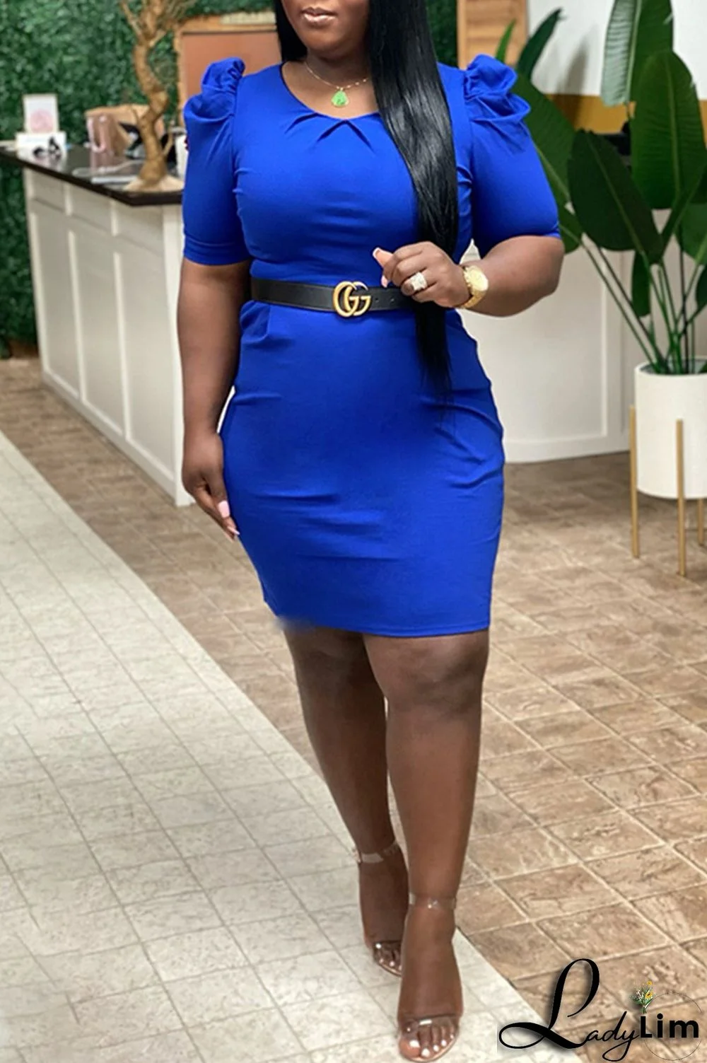 Deep Blue Fashion Casual Plus Size Solid Basic O Neck Short Sleeve Dress (Without Belt)