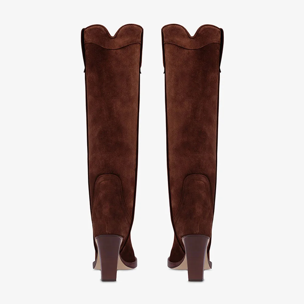 Brown Pointed Toe Stitching Knee High Western Boots for Women