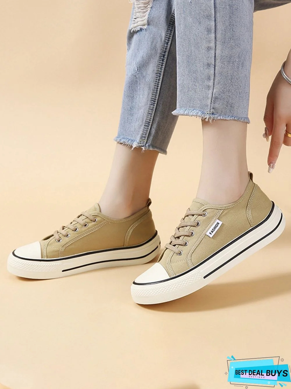Casual Plain Color Split Joint Comfy Square Toe Lace-Up Canvas Shoes