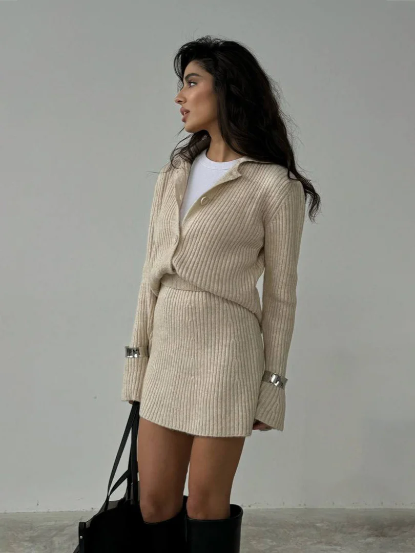 Athvotar Athvotar Knitted Sweater Set Hottie Simple Cardigan Ass Skirt Set Winter Two-Piece Set