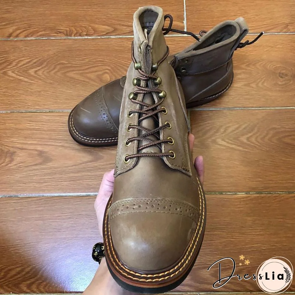 Genuine Genuine Leather Lace-Up Vintage High Quality Tooling White Ankle Boots Motorcycle Boots