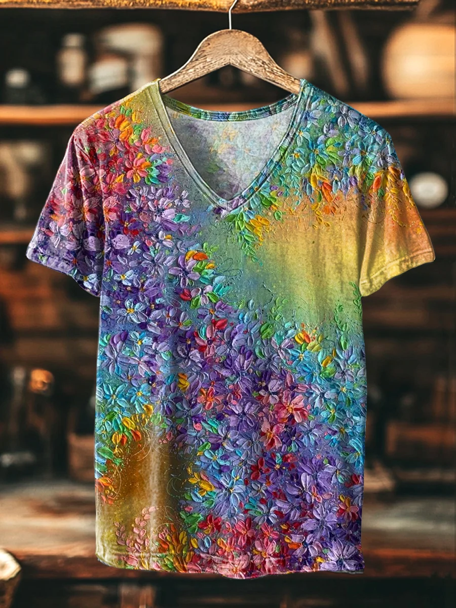 Vintage Colorful Floral Swoosh Oil Print Casual V-Neck T-Shirt