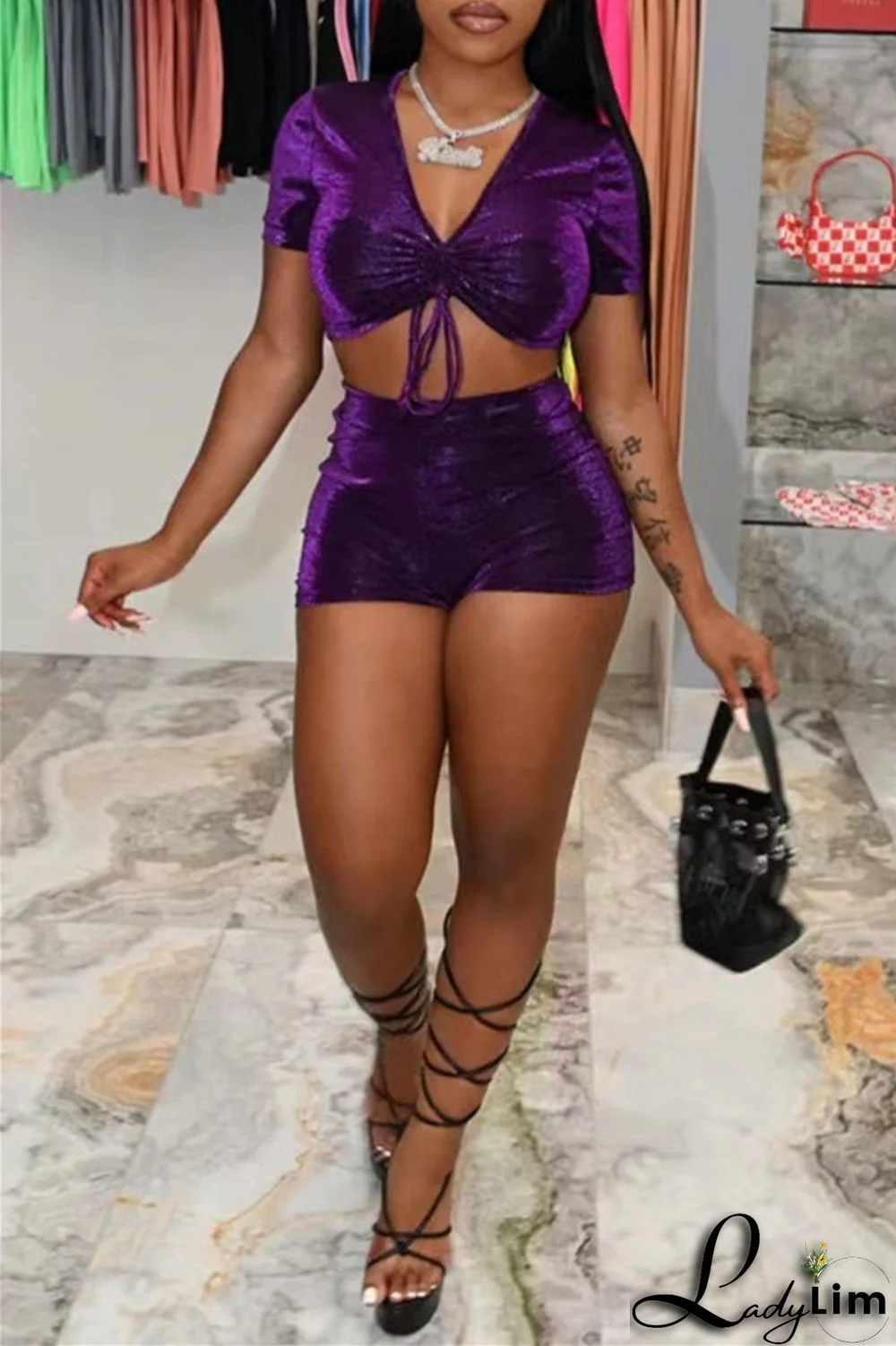 Purple Fashion Casual Solid Draw String Frenulum V Neck Short Sleeve Two Pieces