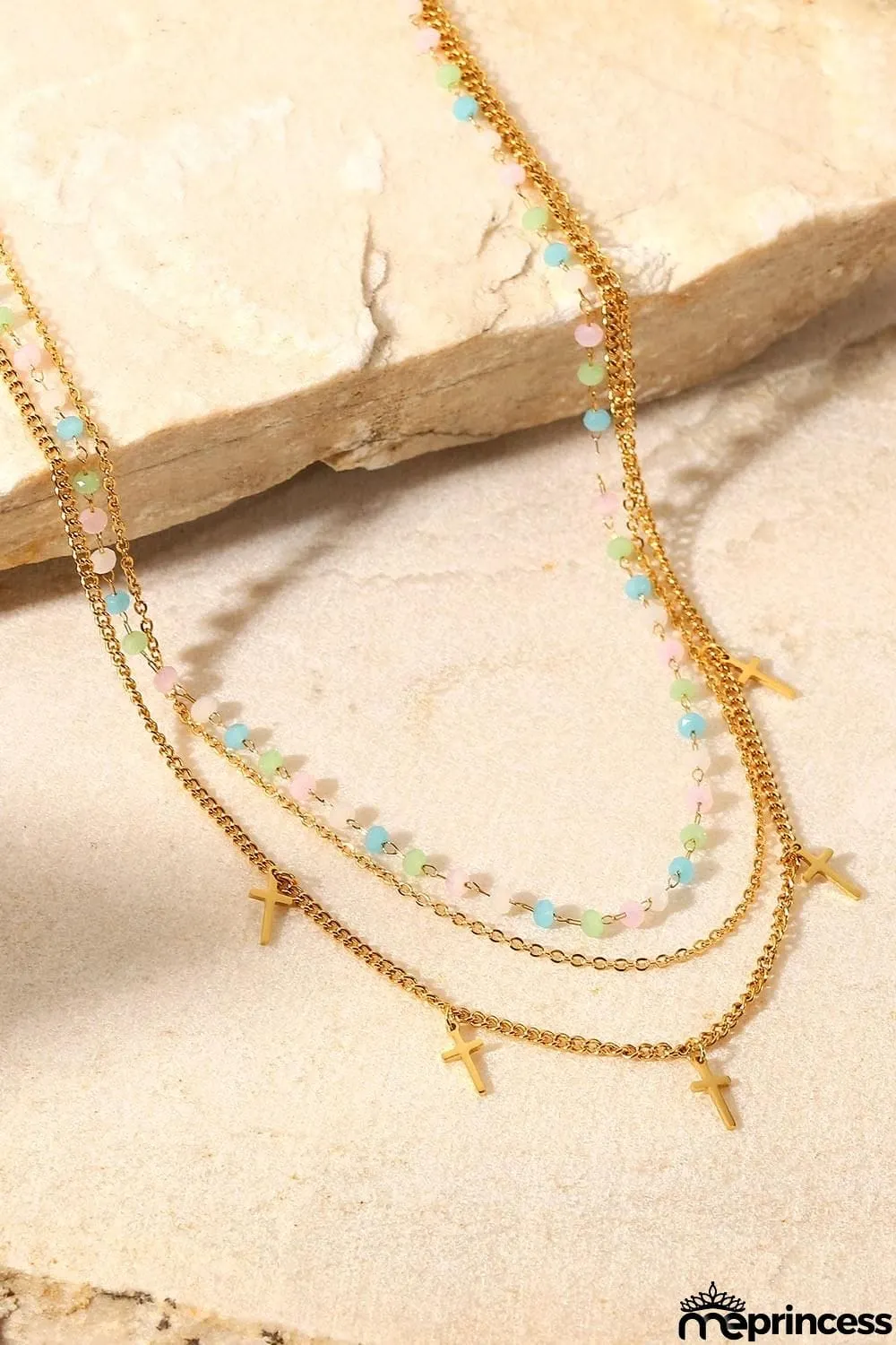 18K Gold Plated Cross Pendant Triple-Layered Necklace