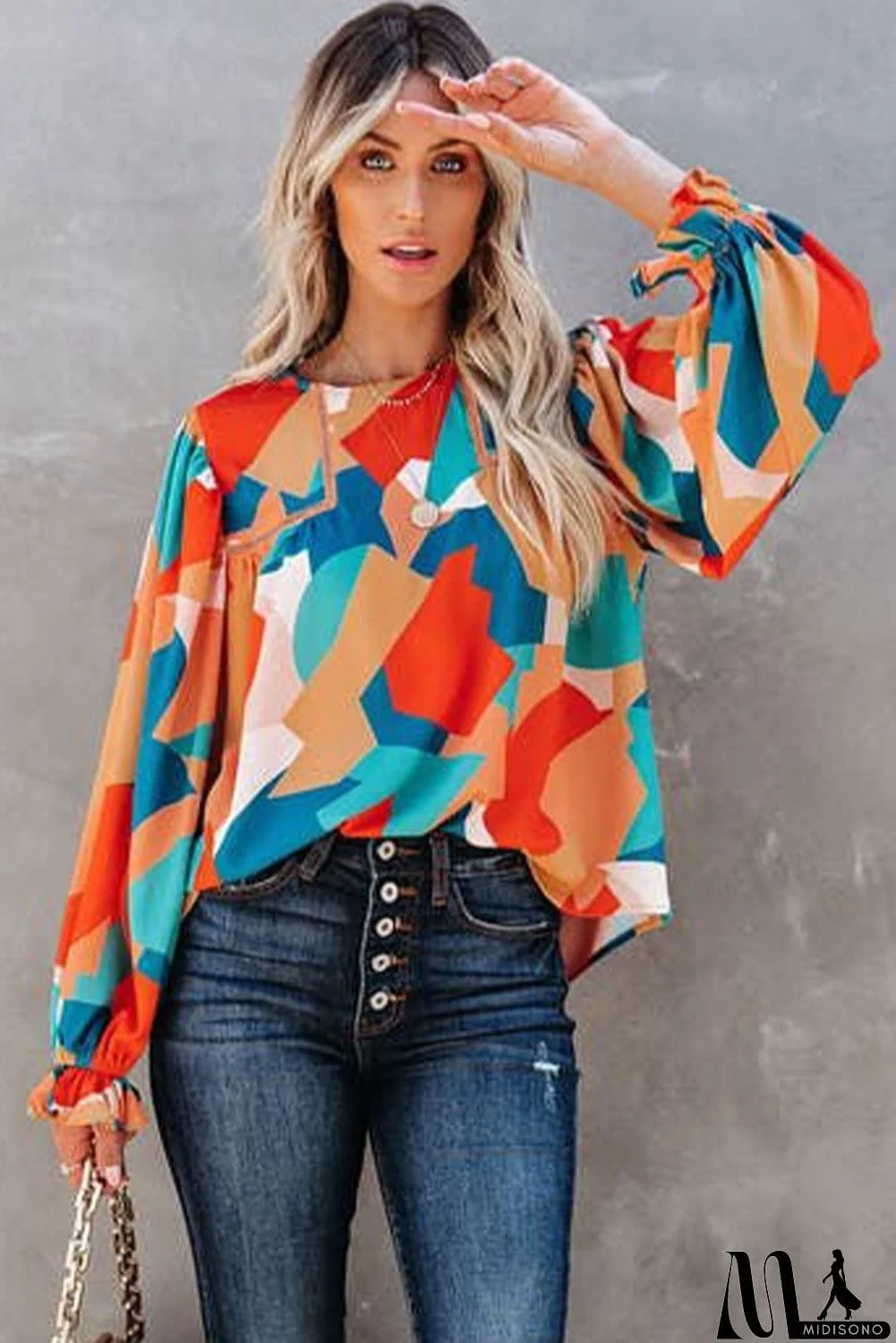 MidiSono - Abstract Pattern Crewneck Ruffled Puff Sleeve Blouse