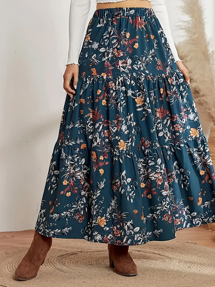 Lightweight Polyester Plus Size High-Waisted Maxi Skirt | Floral Print With Ruffle Hem - Navy Blue, Orange & White Flowers, Perfect For Vacation Or Casual Outing