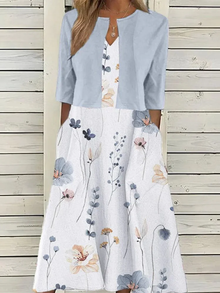 Trendy Floral Print V Neck Dress Coat Two Piece Set