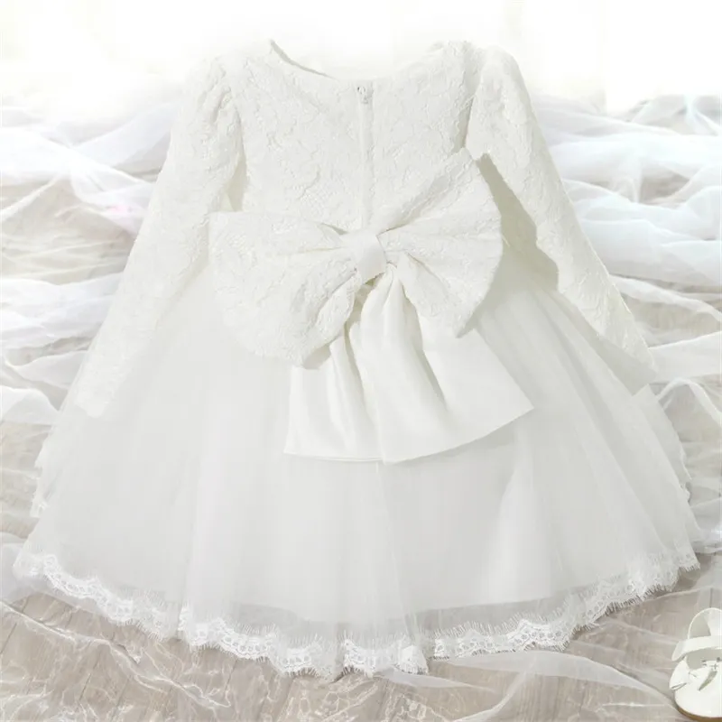 Uveng New Winter Baby Girl Dress 1 year Birthday Dress White Lace Baptism Vestido Infantil Bowknot Princess Dresses for Wedding Party