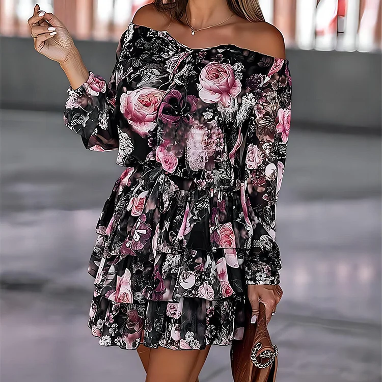 Women Floral Print Ruffer Fashion Elegant One Shoulder Party Sexy Mini Dress