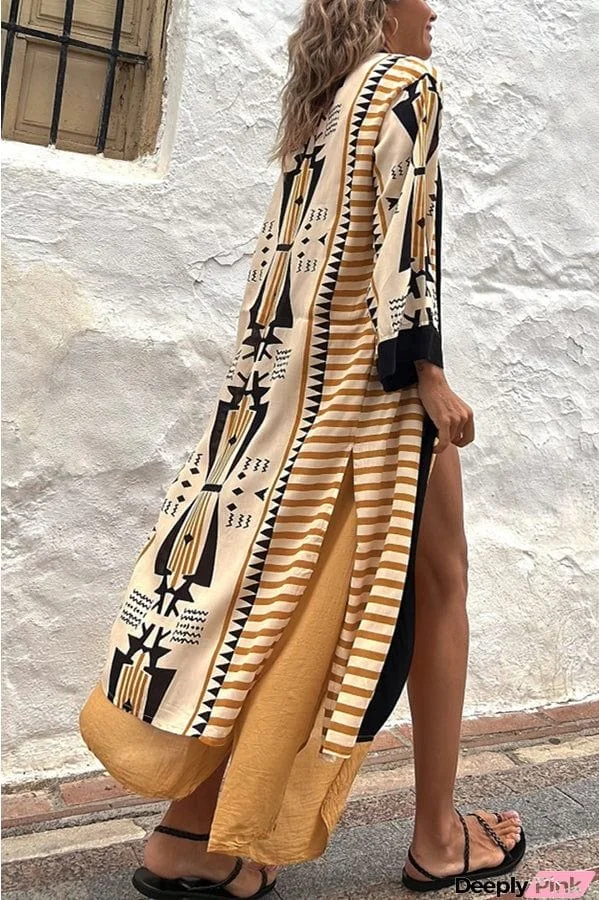 Retro Geometric Ethnic Print Open Front Slit Duster Kimono