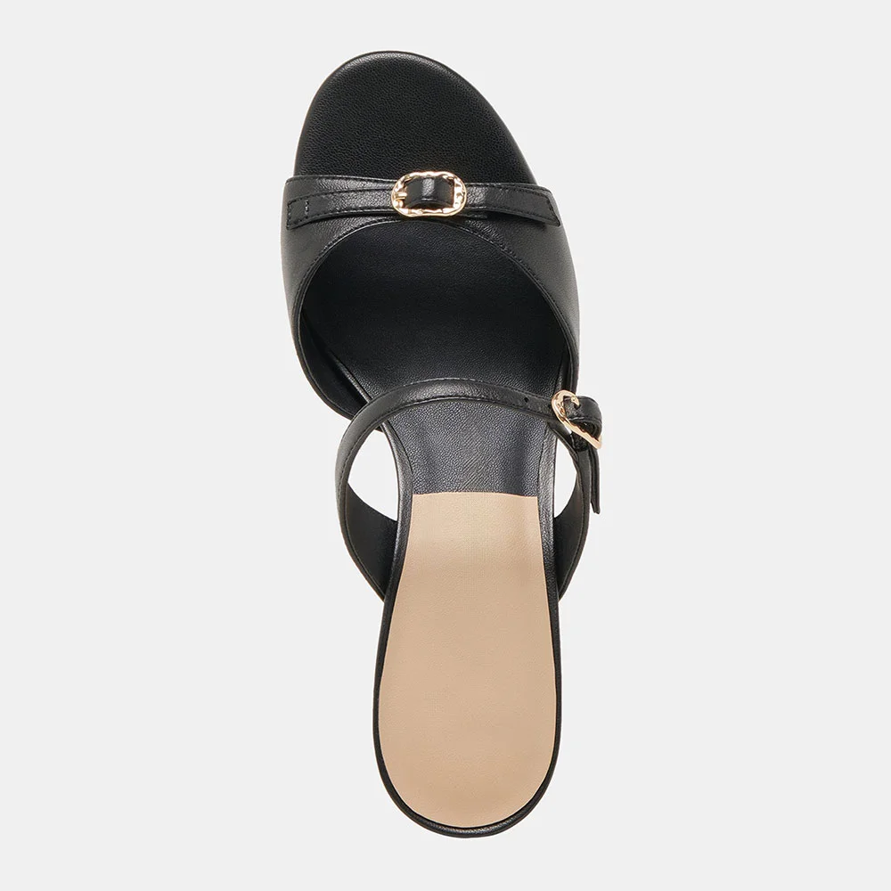 YDN Simple Black Open-Toe Kitten Heeled Mules with Double Buckle