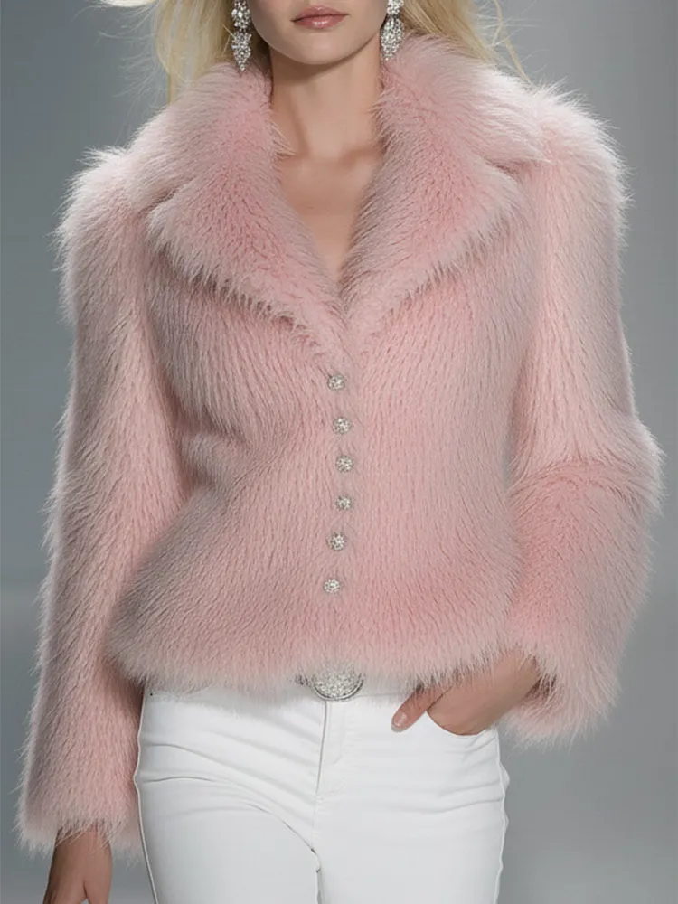 Elegant Pink Eco-friendly Fur Lapel Button Short Fur Coat