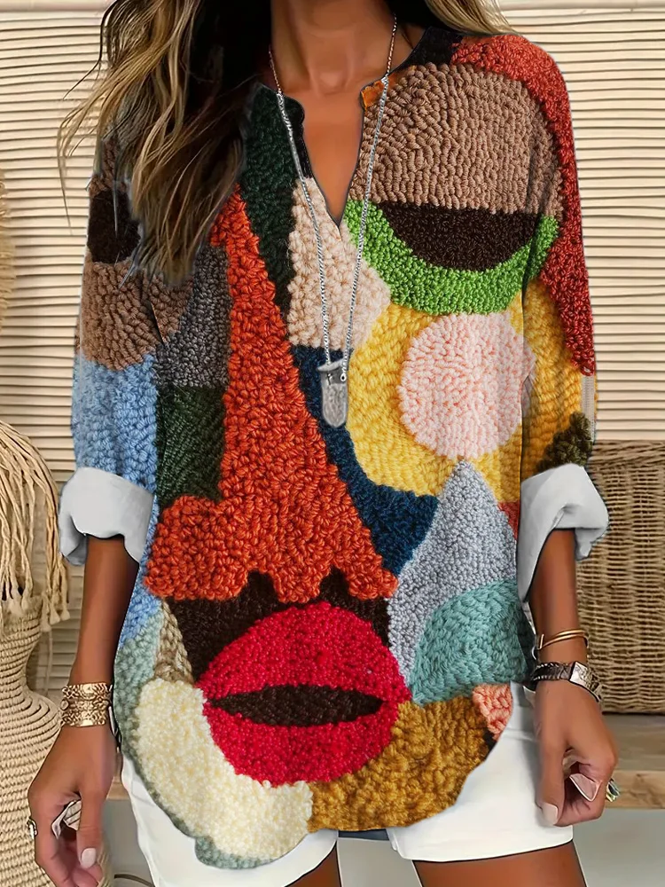Lunivibe Face Geometric Abstract Art Women's Linen V-neck Long Sleeve Shirt