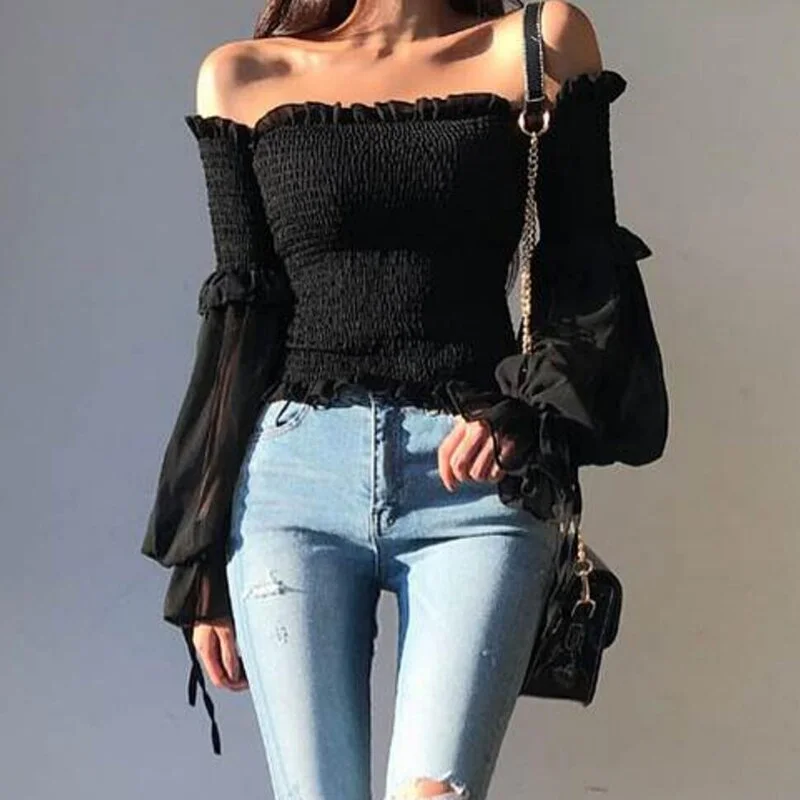 Solid Color Pleated Bow Fashion Women Ladies Long Sleeve Off Shoulder Cropped Tops Blouse Shirt Lace Up Corset White/Black