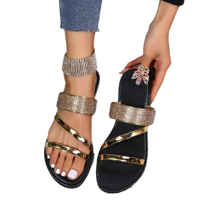 Breakj Breakj New Large-Size Leisure Slippers Women's Round Head Drill Flat Bottom Cool Slippers Slippers