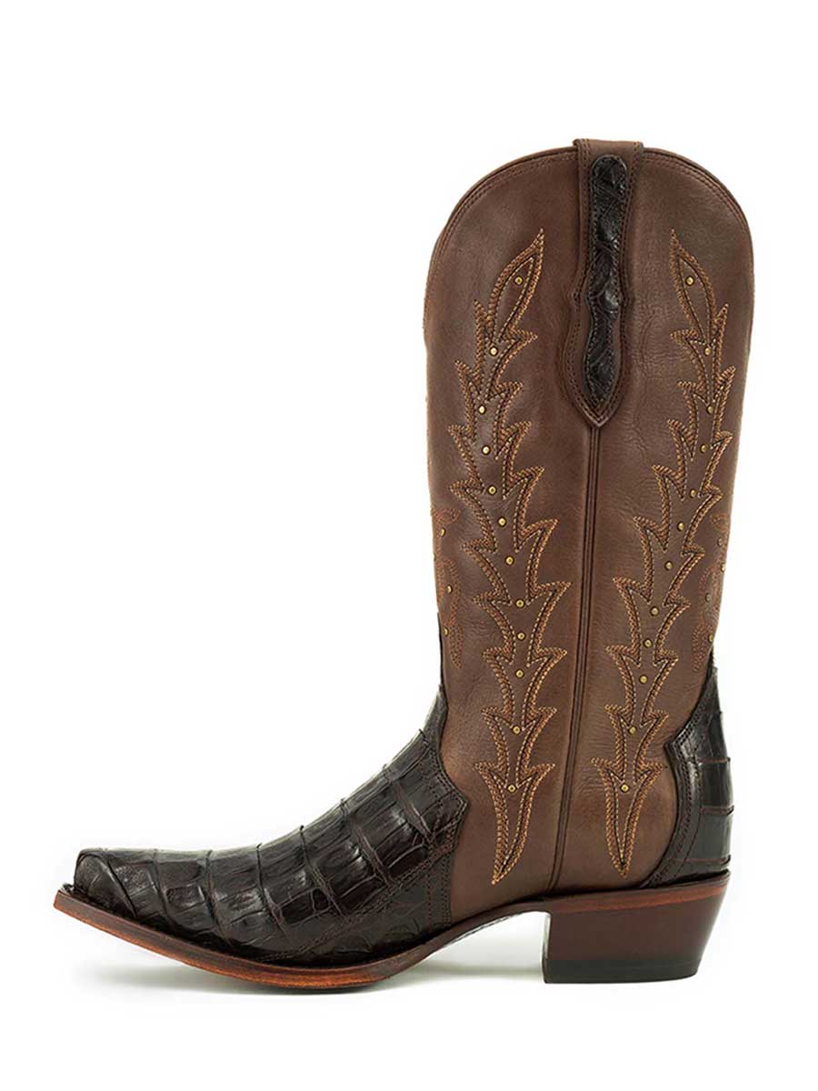 Brown Croco Embossed Patchwork Embroidered Studded Cowgirl Boots