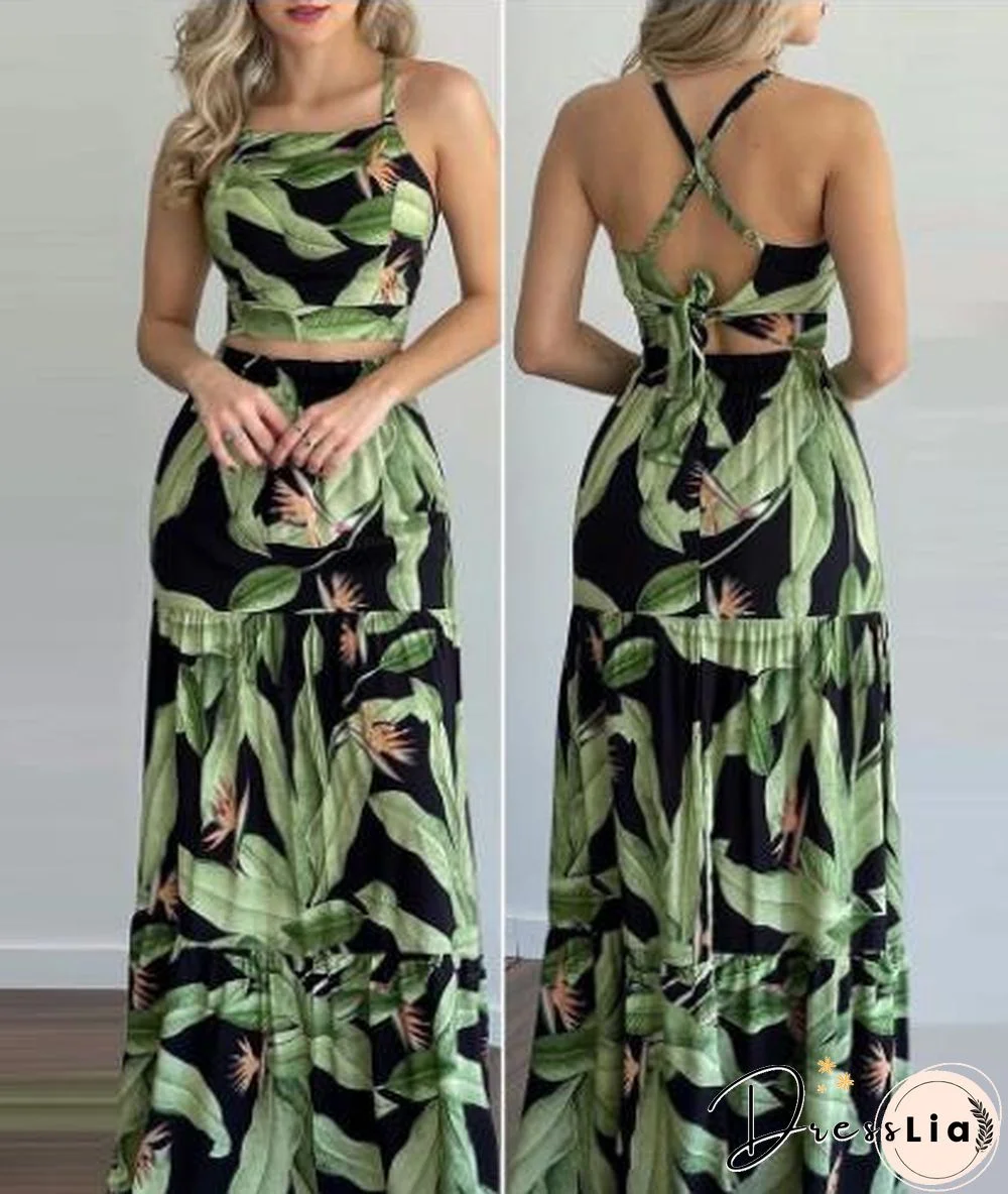 Sleeveless Green Plants Printed Casual Sexy Two Piece Dress