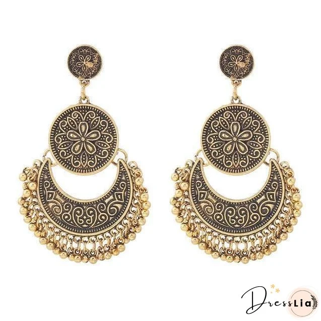 3 Colors Bohemian Indian Antique Moon Shape Carved Flower Tassels Earrings
