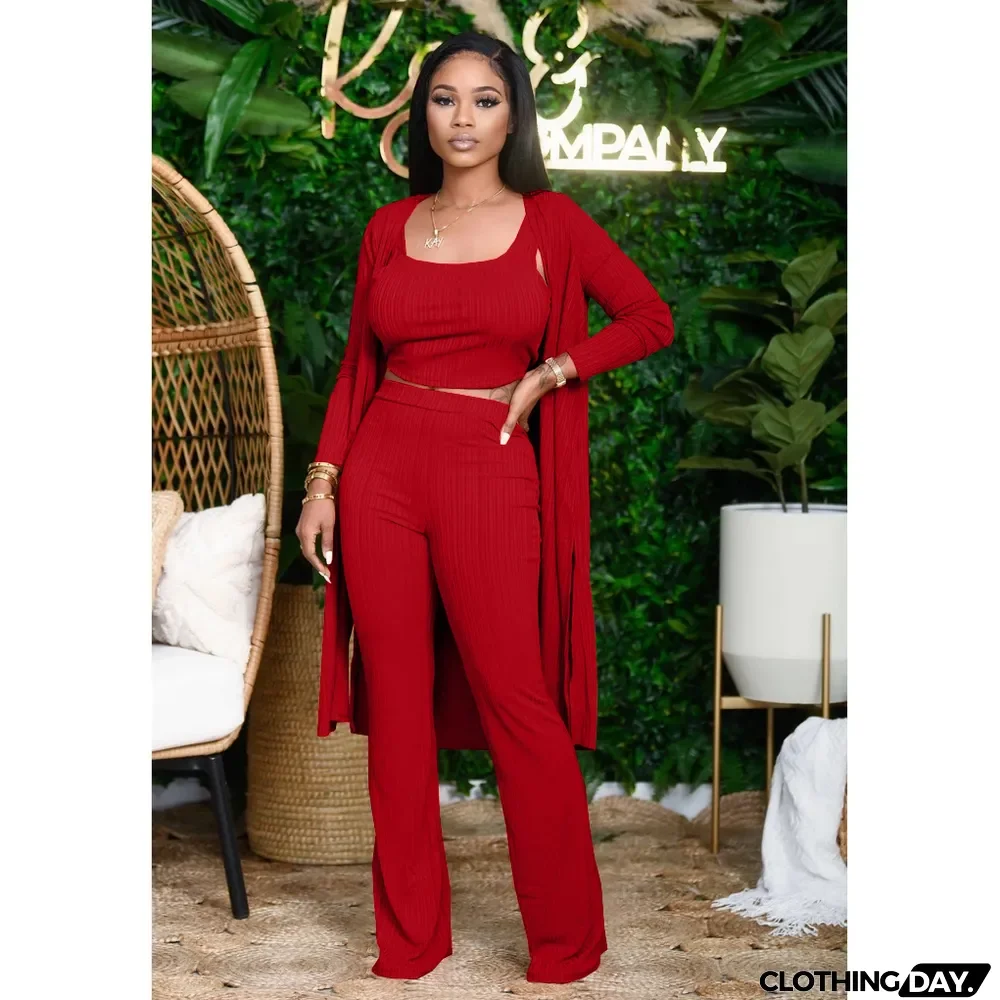 Solid Rib Tanks+Long Cloak+Pants 3 Piece Sets