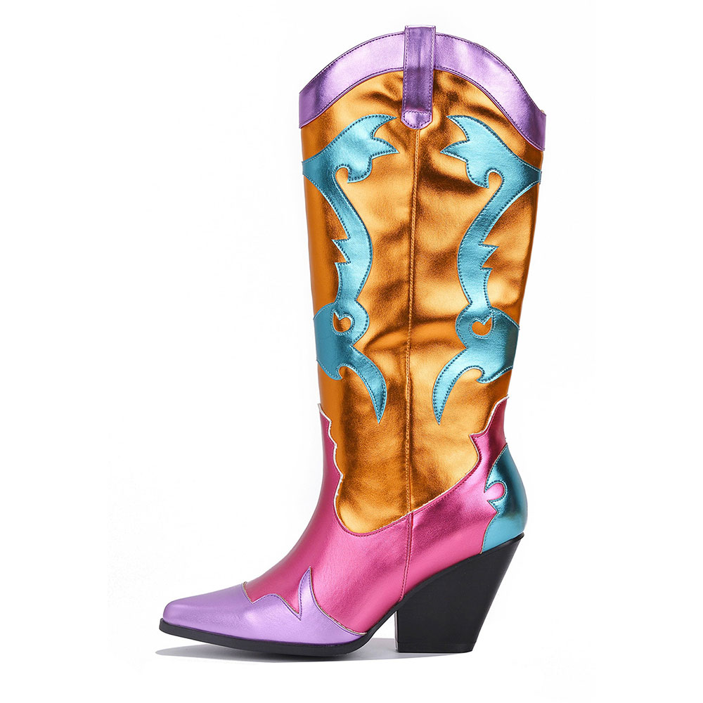 Multicolor Metallic Finish Patchwork Chunky Heel Knee Cowgirl Boots