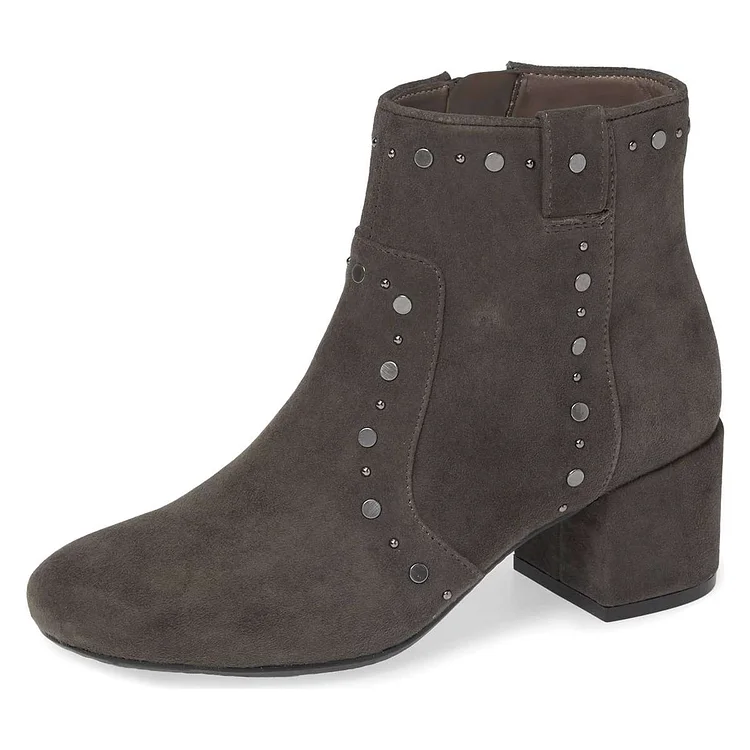 Dark Grey Vegan Suede Studs Block Heel Ankle Boots |FSJ Shoes