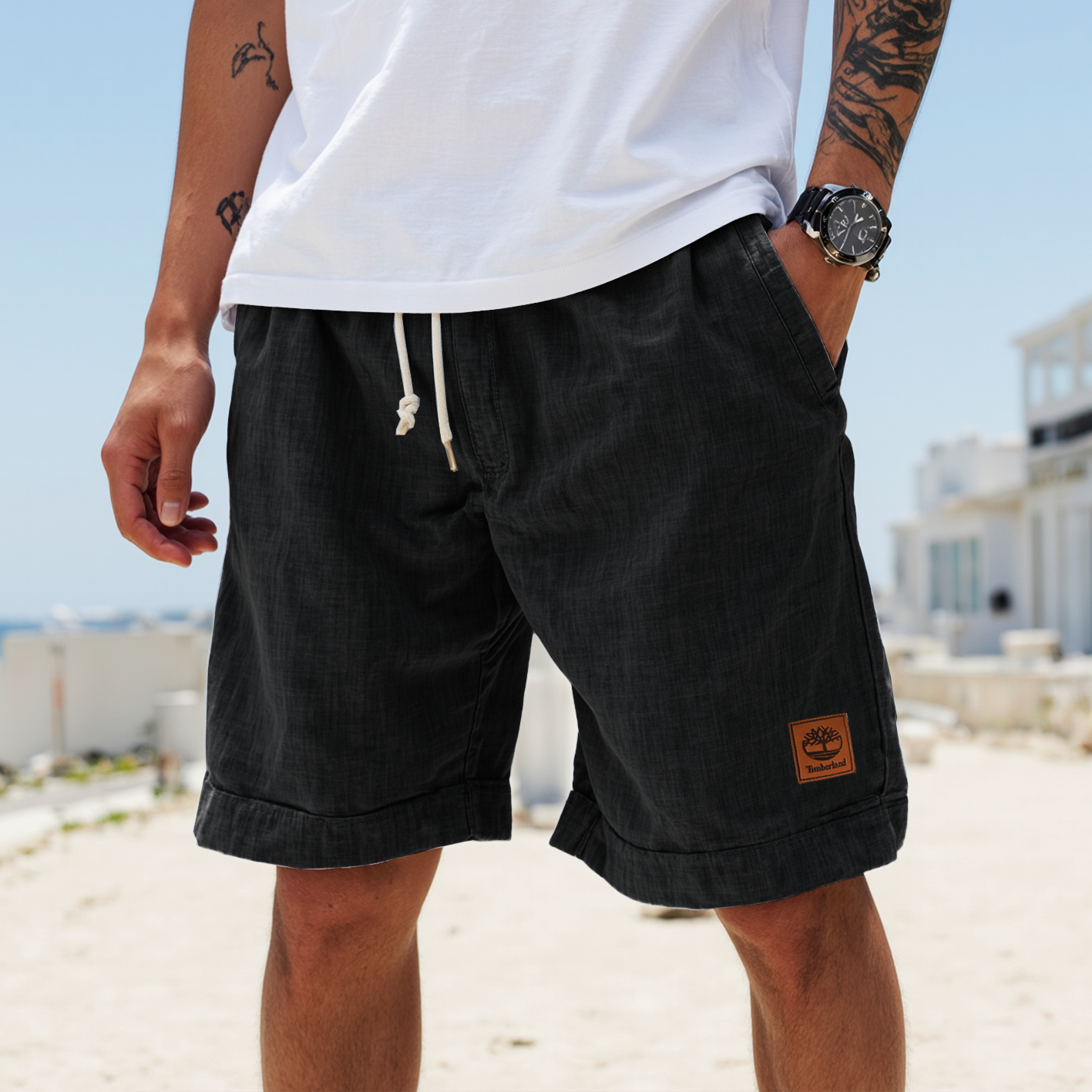 Men's Vintage Cotton And Linen Fabric Surf Elastic Drawstring Shorts / TECHWEAR CLUB / Techwear