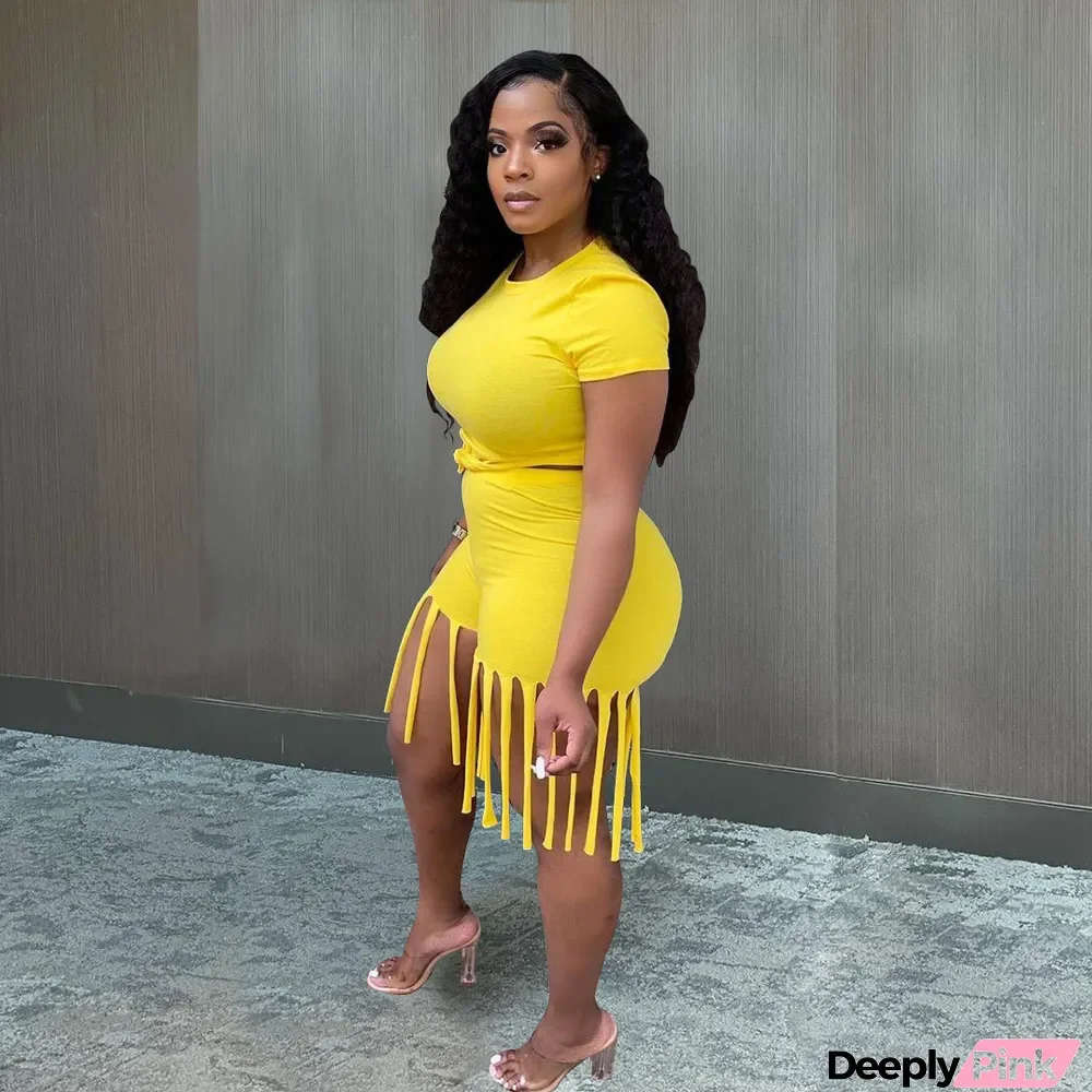 Plus Size Solid Color Short Sleeve And Tassel Shorts Two Piece Sets