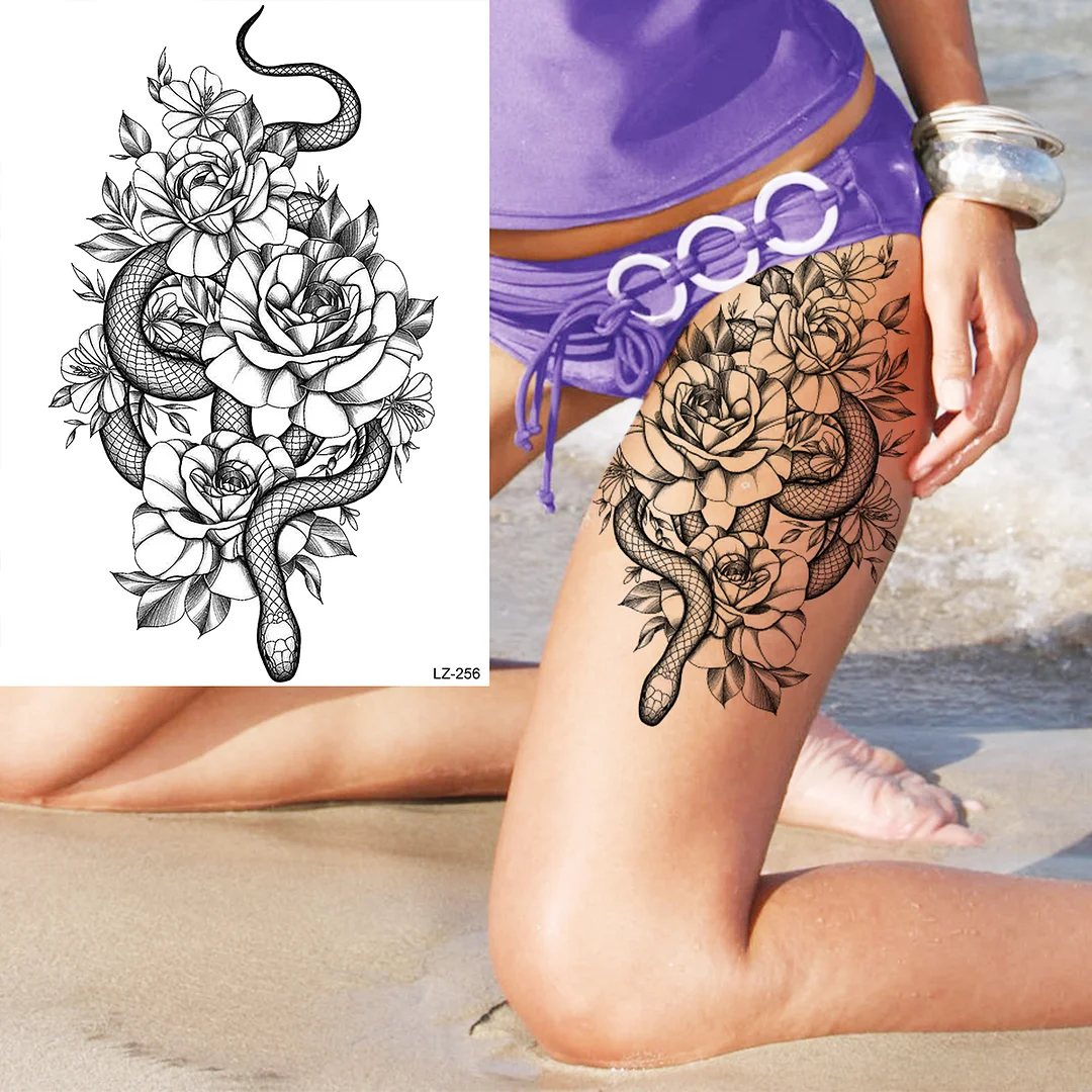 Sdrawing Rose Flower Moon Temporary Tattoos For Women Adult Pendant Peony Lotus Fake Tattoo Calf Thigh Body Art Waterproof Tatoos