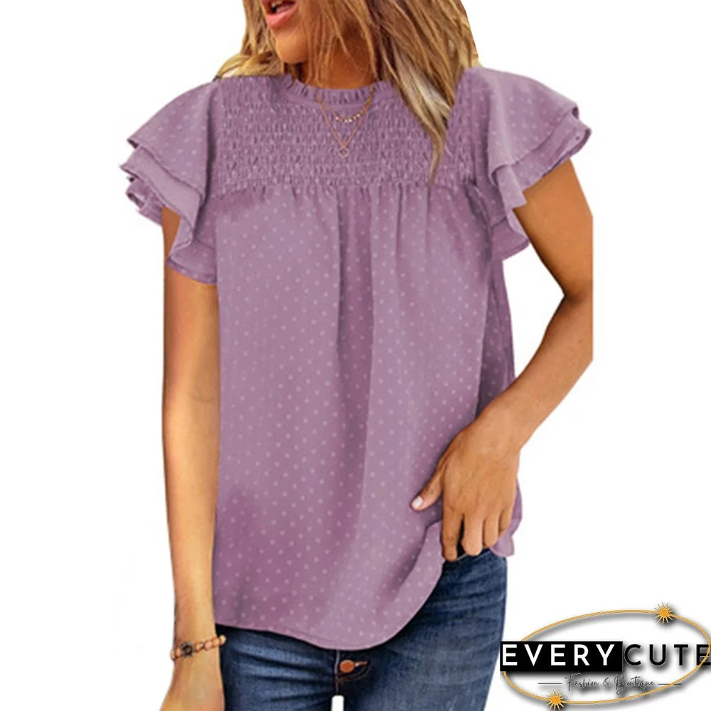 Purple Jacquard Layered Ruffle Short Sleeve Tops