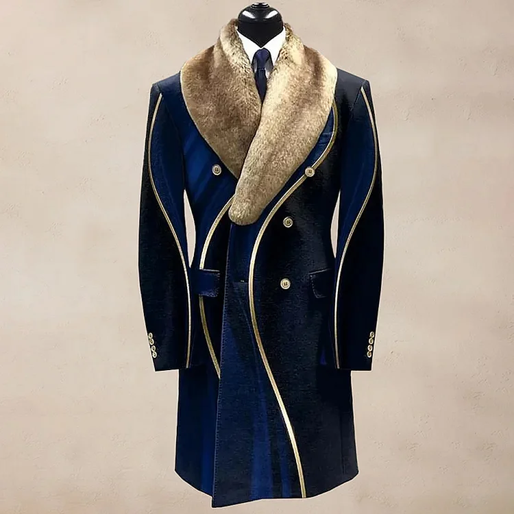 Men's Casual Contrast Binding Button Long Sleeve Windproof Fur Collar Overcoat
