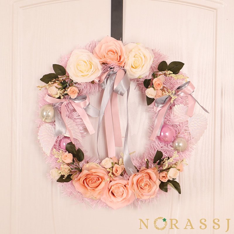 Pink Rose with Bow Spring Wreath For Front Door